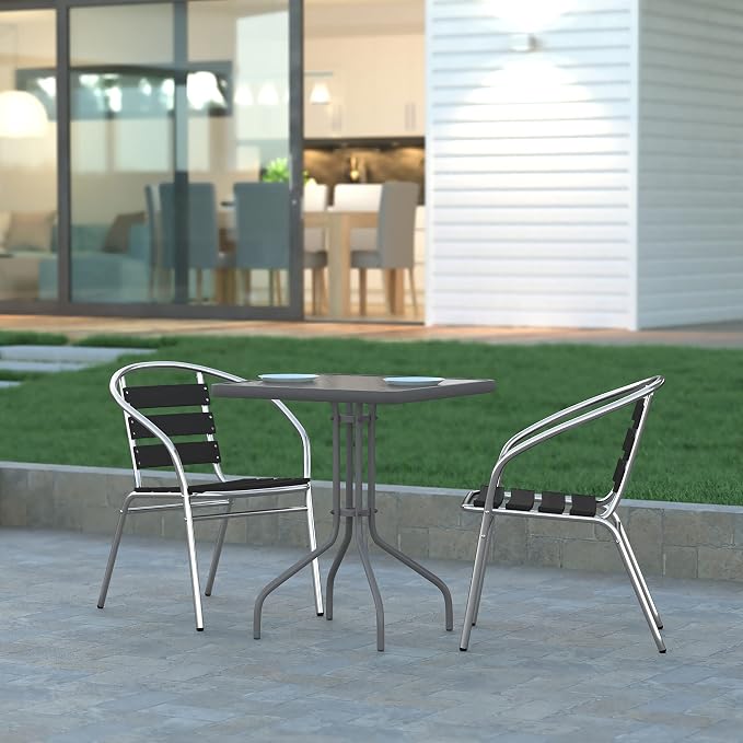 EMMA + OLIVER Benji Patio Dining Table - Silver Metal Frame - 23.5" Square Tempered Glass Top - Suitable for Indoor/Outdoor Use