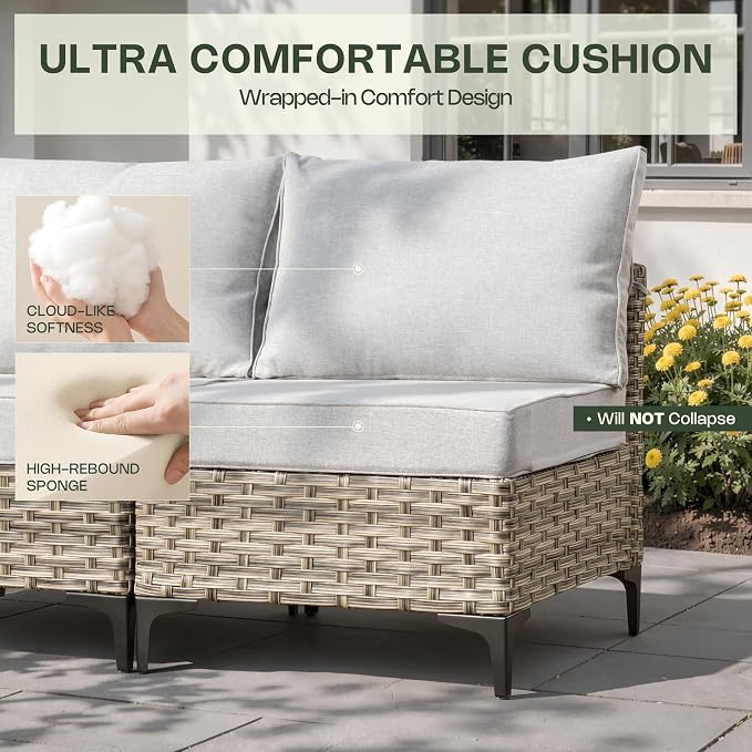 8 Pieces Patio Furniture Set, Outdoor Conversation Set with 360° Swivel Rocker Chairs, Wicker Sectional Sofa & Solar Powered Lighted Table, High Back Outdoor Furniture for Backyard Porch, Light Gray