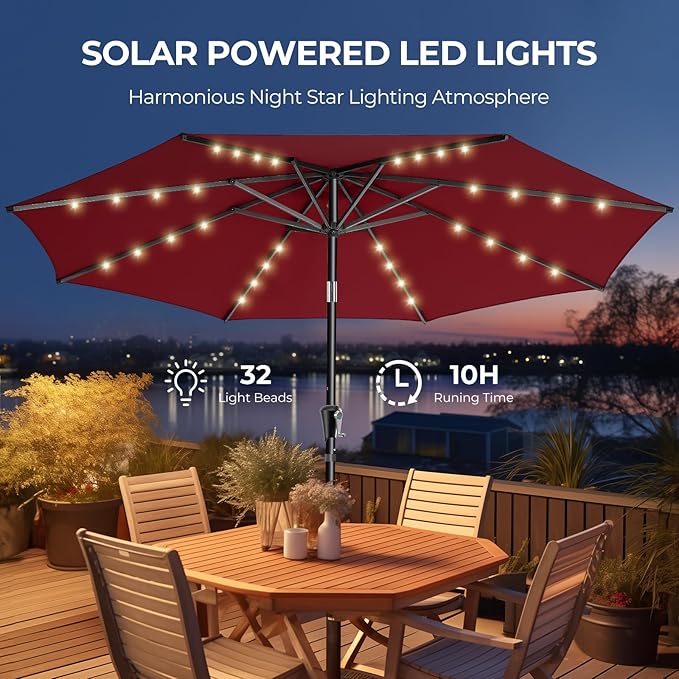 HOMSHADE 9ft Solar Patio Umbrella - Solar Lights LED Lighted Outdoor Market Table Umbrella, UPF50+ UV Protection with Push Button Tilt, Crank for Pool Deck and Garden (Burgundy Red)