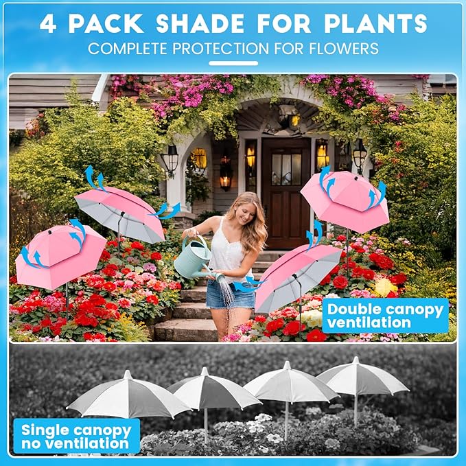 4 Pack 24.9" Double Canopy 47.2" Height Plant Umbrellas for Outdoor Plants, 3D Stakes 360° Adjustable Plant Shades for Outdoor Plants, Garden