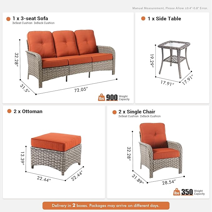 6-Piece Outdoor Patio Furniture Set with Glowing Coffee Table,All Weather Wicker Rattan Patio Seating Sofa and Chair Set with Ottomans,Outdoor Conversation Sets for Porch Deck Yard,Red