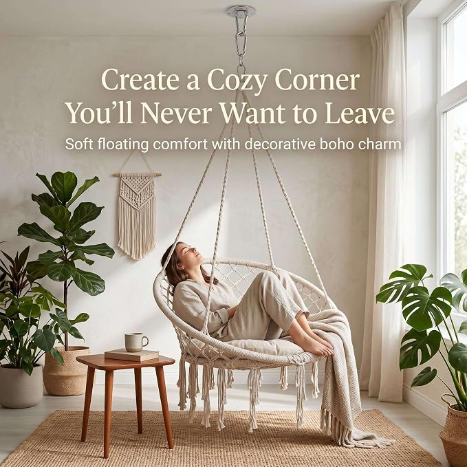 Indoor Hammock Chair, Patio Hammock Chair, 330 LBS Boho Hanging Swing, Foldable Hammock Chair for Living Room Bedroom Balcony Porch Garden Relax Use