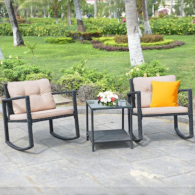 Tangkula 3 Pieces Patio Wicker Rocking Set, Outdoor Rocking Chairs and Table Set with Cushions, Glass Coffee Table with Storage Shelf, Suitable for Patio, Garden, Poolside, Balcony (Beige)