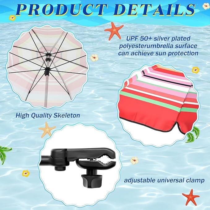 Buryeah 2 Pcs Beach Chair Umbrella Automatic with Universal Adjustable Clamp 44" UPF 50+ Portable Clamp on Beach Chair for Wheelchair Patio Golf Carts Camping