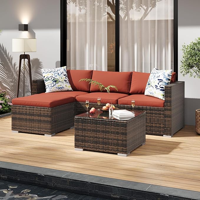 5-Piece Outdoor Sectional Sofa Set, All-Weather PE Rattan Patio Furniture with Ottoman & Tempered Glass Table, Convertible Garden Couch for Backyard, Porch, Poolside (Brown/Wine Red)