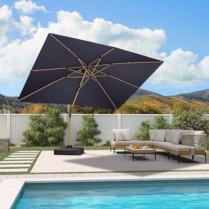 PURPLE LEAF 9' x 12’ Rectangle Patio Cantilever Umbrella With Base Large Hanging Umbrella Teak Finished Aluminum Frame Windproof Offset Outdoor Sun Umbrellas for Beach Pool Deck, Navy Blue