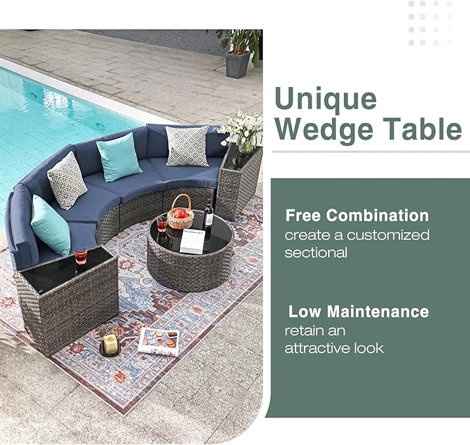 SUNSITT Outdoor 7-Piece Half-Moon Sectional Furniture Set with Round Coffee Table, Patio Curved Sofa Set, Denim Blue Cushion and Grey Wicker, Incl. Waterproof Cover
