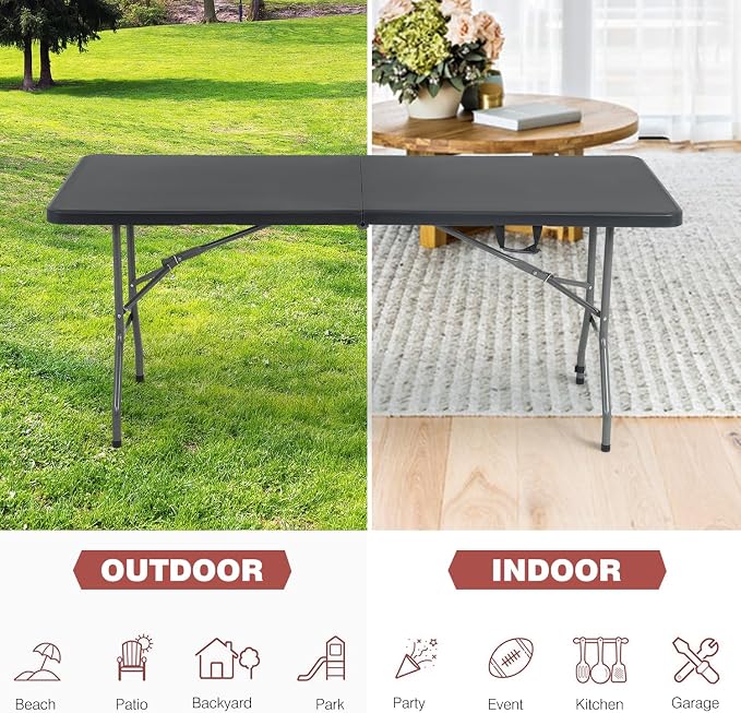 6FT Folding Table, Fold-in-Half Portable Plastic Table with Handle, Heavy Duty HDPE, 500 lbs Capacity, Waterproof & Scratch-Resistant, Locking Legs, Anti-Slip Feet for Indoor Outdoor Party Picnic