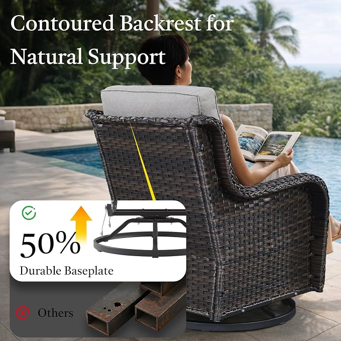 7 Piece Patio Furniture Set with 41" Fire Pit Table - High Back Swivel Glider Patio Chairs Set of 6, All Weather Deep Seating Outdoor Conversation Set for Porch Deck Yard Pool Brown