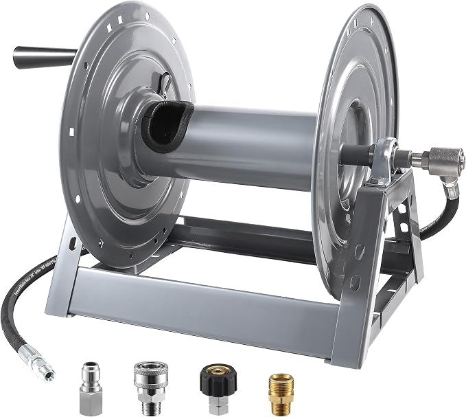 M MINGLE Pressure Washer Hose Reel 300ft, Heavy Duty Hose Reel, Manual Crank Power Washer Hose Reel with Swivel Arm, Wall/Floor/Truck Mounted, 4000 PSI