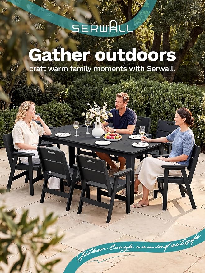 SERWALL 10-Piece Outdoor Patio Dining Set, 76" HDPE Table with 8 Chairs & 1 Umbrella (Base Excluded), All Weather Resistant Heavy Duty Outdoor Furniture for Backyard Deck Garden, Black