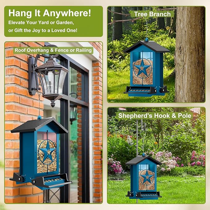 Squirrel Proof Bird Feeders for Outdoors with Weight-Activated, Metal 5LB Large Wild Bird Feeders for Cardinals,Blue Jay,Finch, Weatherproof Durable Hanging Bird Feeder for Backyard,Garden (Blue)