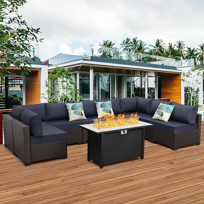 9 Pieces Wicker Patio Furniture Set Outdoor PE Rattan Sectional Conversation Sofa Set with Navy Blue Cushions and 45 Gas fire Pit Table