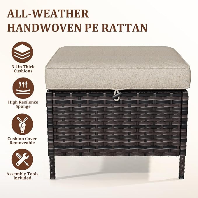 Outdoor Patio Ottoman Set of 2, All Weather Rattan Wicker Ottoman Seat, Outdoor Footstool Footrest Seat for Patio, Backyard, Poolside, Garden