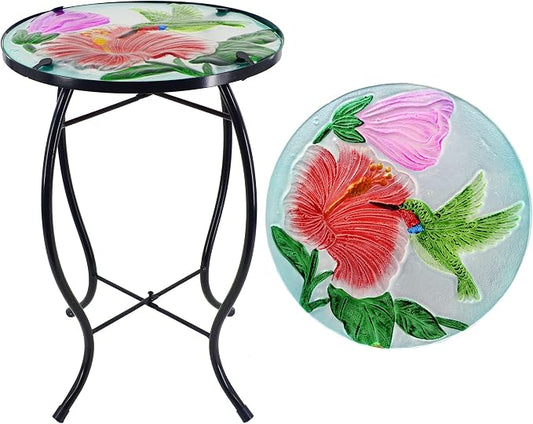 Hummingbird Patio Side Table, Small Patio Outdoor Side Table, Plant Table,Metal Glass End Table for Porch Garden Yard Pool.