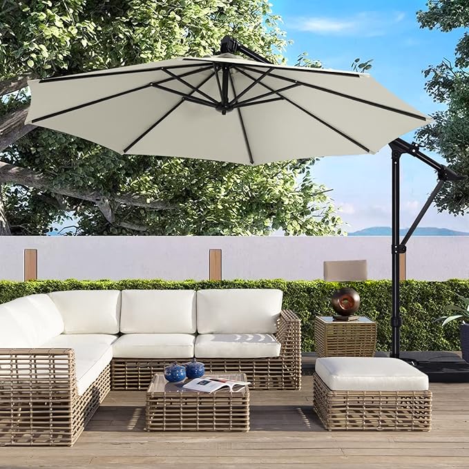 ABCCANOPY 10FT Cantilever Umbrella Offset Hanging Patio Umbrella with Base Stand Rotate and Tilt，Suitable for Garden, Lawn, Backyard（Light Beige）