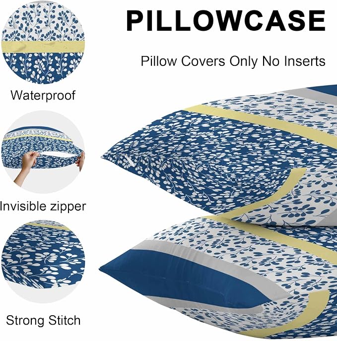 Blue Yellow Outdoor Pillow Covers 26x26 Inch Throw Pillow Covers Set of 2 Waterproof Decorative Pillow Cases Botanical Floral Motifs Wildflower Striped Cushion Covers for Patio Furniture Garden Couch