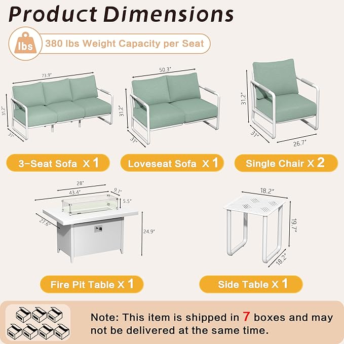 Outdoor Aluminum Patio Furniture Set, 7-Seats Patio Conversation Sofa Set with Oversized Fire Pit Table w/Glass Wind Guard, All Weather for Balcony, Garden-White