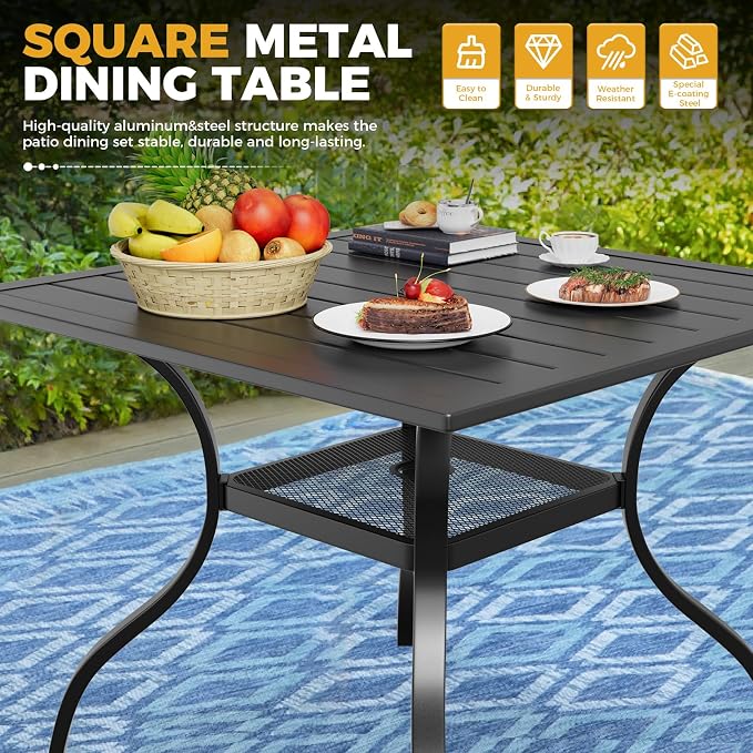 Incbruce 6 Pieces Paito Dining Set with Sky Blue Umbrella, Outdoor Metal Dining Set of 4 Textilene Chairs and Square Table with Umbrella Hole for Garden, Porch and Backyard (Blue)
