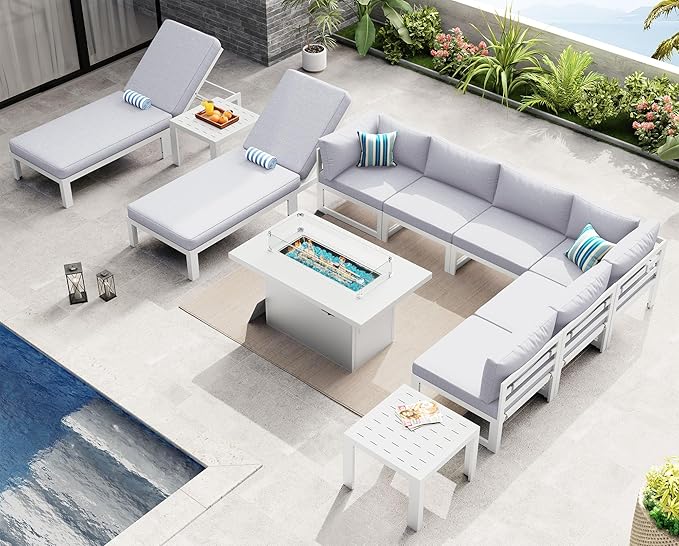 NICESOUL 11 Pcs Oversized Modern Aluminum Patio Furniture Set, 500lbs Heavy Duty Outdoor Sectional Sofa with Chaise & Fire Pit Table, 29" Deep Wide Seating Conversation Couch for Poolside, Light Gray