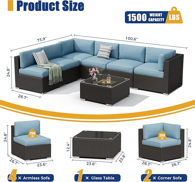 8 Pieces Outdoor Patio Furniture Set with Waterproof Cover, Black Brown Wicker Patio Sectional Sofa Set, Outdoor Couch with Cushion and Tempered Glass Table, Sky Blue