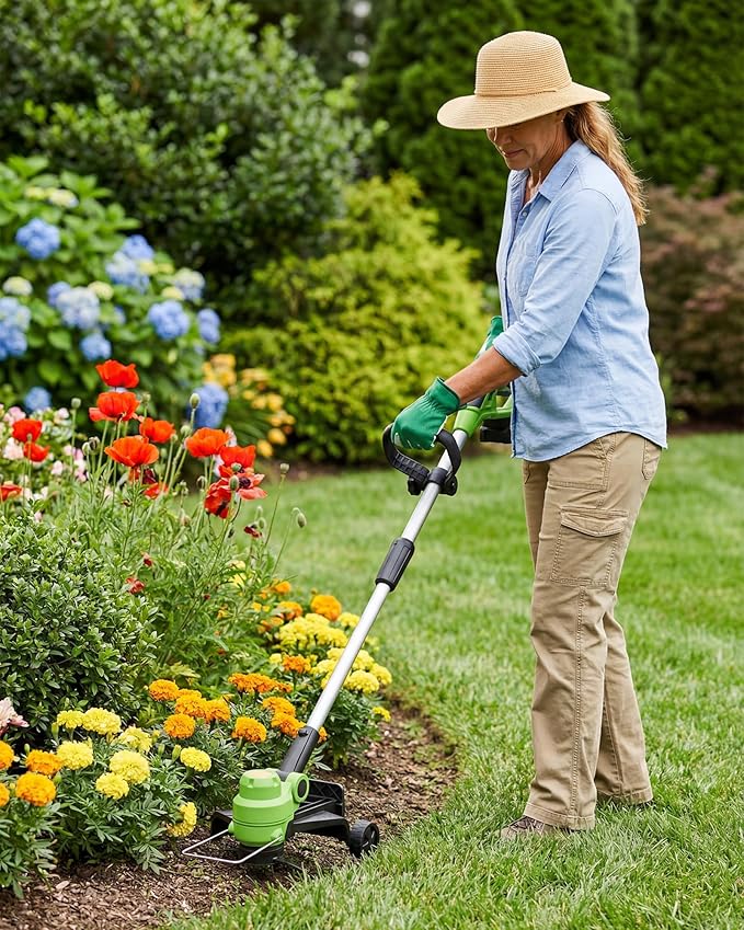 IDEALHOUSE 20V Cordless String Trimmer/Edger, 2-in-1 Weed Trimmer with Guide Wheel for Clean Edges, 12" Cutting Swath, Adjustable Length, Includes 8 Spools, Black & Green