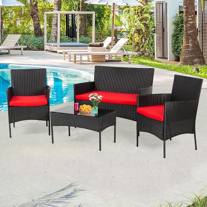 PayLessHere Outdoor Furniture Set 4Pc Modular Patio Furniture Set Water Resistant Conversation Set with 3 Rattan Chairs 1 Tempered Glass Topped Table Seat Cushions for Patio Balcony Poolside, Red
