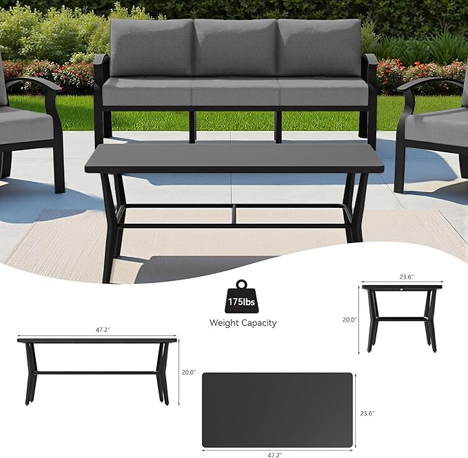 Kullavik Aluminum Patio Furniture Set with Rectangular Coffee Table,5-seat Metal Outdoor Sectional Furniture w/5.1" Cushions,Patio Conversation Sets for Garden,Backyard,Porch-Grey