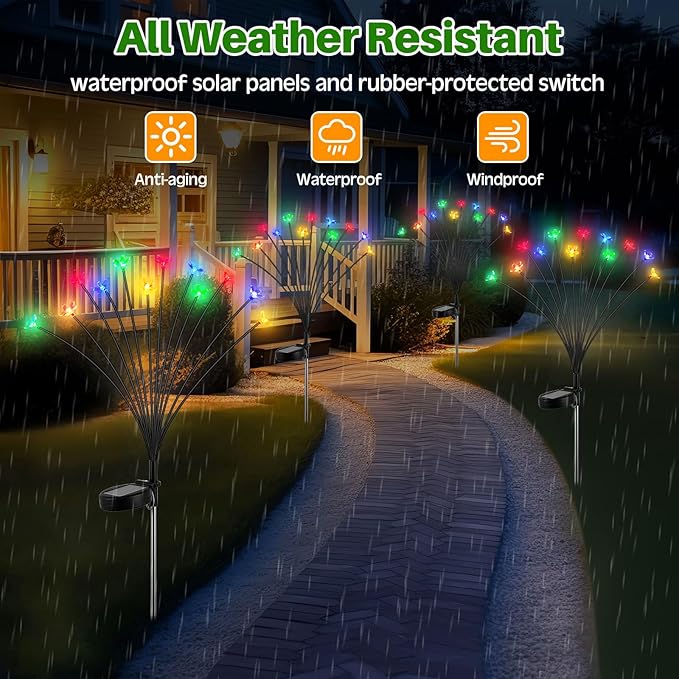 Rossesay 4 Pcs Solar Firefly Lights for Garden Swaying Lights Decoration Outdoor Garden Fairy Light for Yard Pathway Patio Lawn Waterproof Firefly Stake for Outside Holiday Decor(Flower)