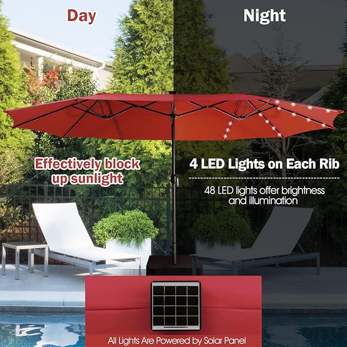 Giantex Large Outdoor Umbrella Double-Sided, 48 Solar Lights, Auto-Charging Solar Panel, Extra Large Patio Umbrella with Base and Crank, Outdoor Market Umbrellas for Poolside Garden