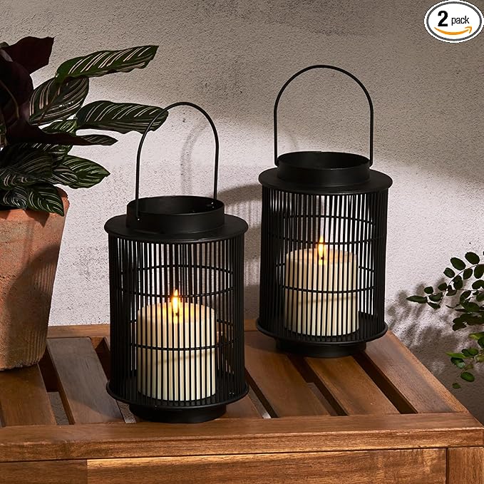 LampLust Outdoor Lanterns Decorative Spring Patio Decor, Set of 2, 8 Inch Black Metal Candle Lanterns, Battery Operated LED with Timer, Front Porch, Spring Outdoor Decorations, Modern Farmhouse Decor