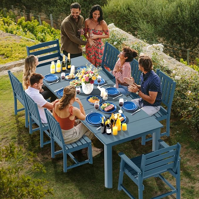 LOUNZY 9 Pieces Patio Dining Sets, Outdoor HDPE Furniture Set for 8 w/ 2" Hole Cut-Out Dining Table with 8 Patio Chairs(2 W/Armrest, 6 w/o Armrest), Navy
