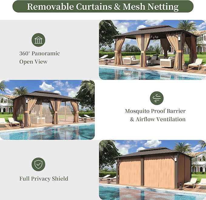 Aoxun 16'x12' Hardtop Gazebo with 4 LED Lights, Outdoor Gazebo with Galvanized Steel Double Roof, Patio Gazebo with Breathable Netting & Privacy Curtain, Decor Hooks for Backyard, Brown