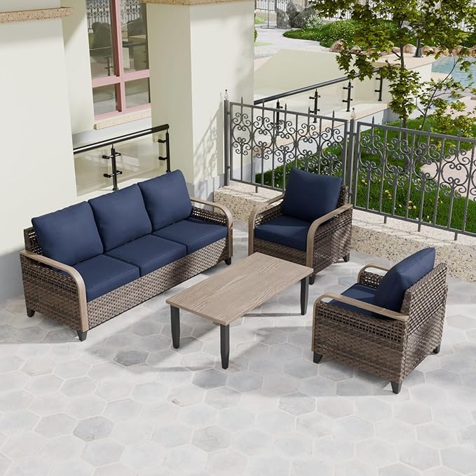 COOS BAY Modern Wicker Outdoor Furniture Set, 4 Piece Patio Conversation Set with 2 Patio Chairs, a 3 Seat Couch and Side Table, 4 Piece, Brown/Blue