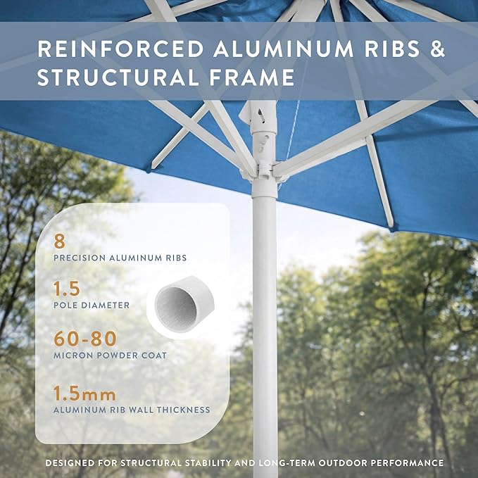 California Umbrella 8-Year Protection 7.5 Ft Outdoor Patio Umbrella, Solstice Fade-Resistant Fabric, Auto-Tilt, Heavy Duty Aluminum Frame, 8 Reinforced Ribs for Pool or Deck, White Pole, Frost Blue
