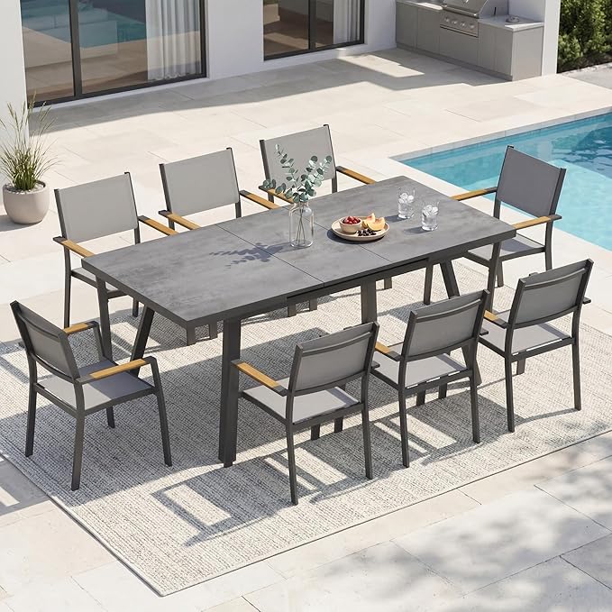 RoyalCraft 9-Piece Outdoor Dining Set with Adjustable Length Dining Table, 75" L×36" W Expandable Patio Table and Chairs Set for 8, Aluminum Stackable Chairs with Quick Drying Fabric for Porch, Grey