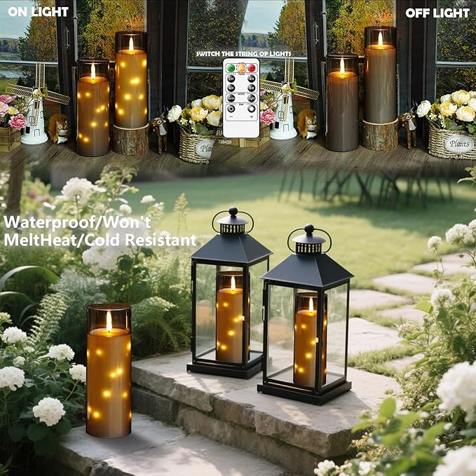 kakoya 11" x 4" Large Outdoor Waterproof Flameless LED Candles with Remote and Timer,Acrylic Pillar Candles Battery Operated with Embedded Star String for Porch,Patio,Outdoor Decor,Set of 2(Grey)