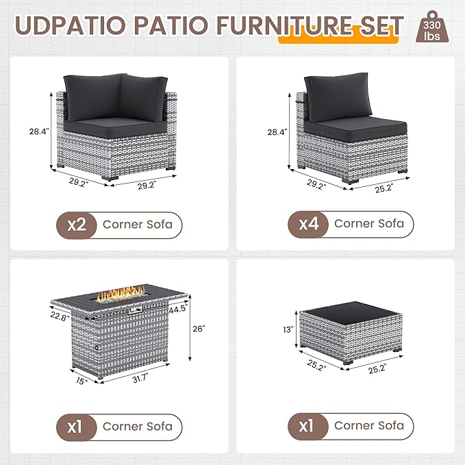 UDPATIO Patio Furniture Set with Fire Pit Table, 8 Pieces Outdoor Sectional Sofa, PE Wicker Patio Conversation Set for Garden, Backyard (Black Cushions with Grey Rattan)