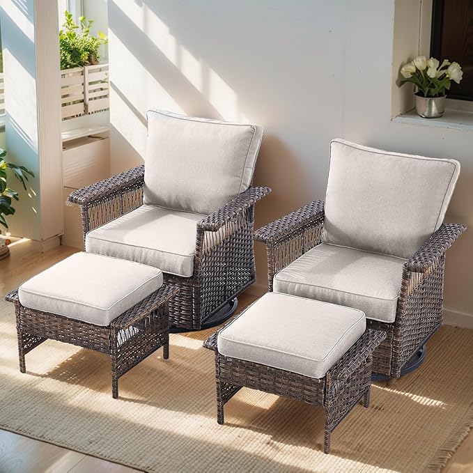Patio Furniture Set 2 Wicker Swivel Glider Chairs with 2 PE Rattan Ottomans Brown Wicker Beige Cushions Patio Conversation Set 4pcs for Garden Balcony Sunroom Backyard