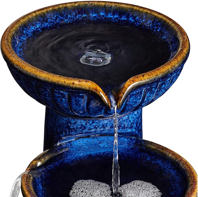 3-Bowl 26 3/4" High Large Modern Outdoor Decor Blue Cobalt Ceramic Floor Fountain with Light LED Standing Waterfall Tiered Water Feature for Outside Garden Patio Yard Backyard - John Timberland
