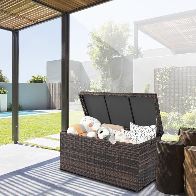 Outdoor Deck Box,Outdoor Wicker Patio Furniture Deck Storage Box,Rattan Pool Storage Box with Lid, Garden Deck Bin Storage Bench Deck Box for Garden, Backyard, Pool (Brown)