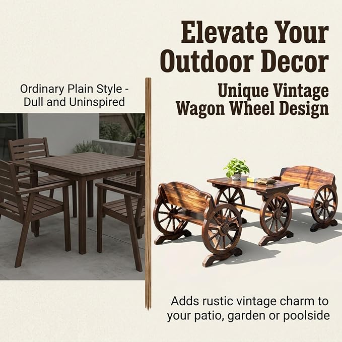 3 Pieces Patio Dining Set, Outdoor Wooden Rectangular Table and Benches,Rustic Wheel Bench Outside Furniture Set for Patio Porch,Deck, Lawn, Garden and Backyard(63in)