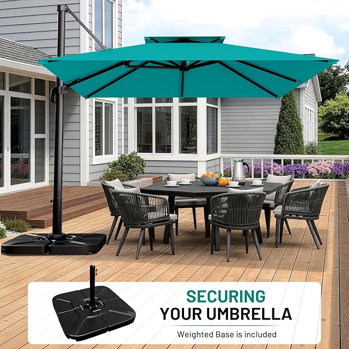 AreShark 9×9FT Double-Top Cantilever Patio Umbrella with Base Included, Square Offset Umbrella with 360 Degree Rotation, Heavy Duty Patio Umbrella for Garden Deck Pool, 5 Tilt Angles, Turquoise Blue