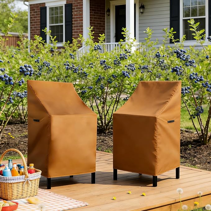 RosieLily High Back Patio Chair Covers - Waterproof Heavy Duty Stackable Outdoor Bar Stool Cover - Brown Furniture Covers for Outside Lounge, Deep Seat, Lawn Chairs - 2 Pack