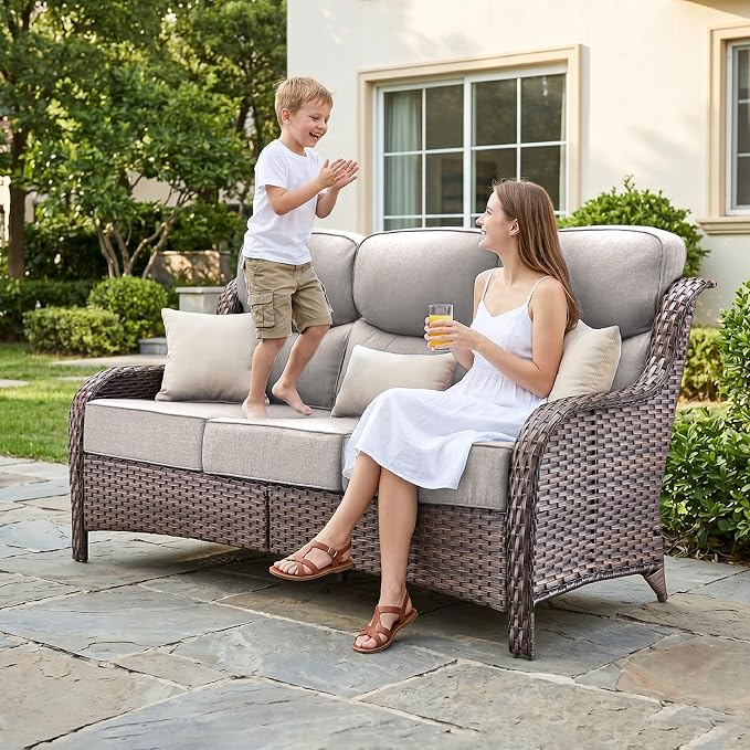 Luxury High Back Outdoor Furniture 6-Inch Thick Cushions with 50,000 BTU Gas Propane Fire Pit Tablet, Patio Furniture Set with Swivel Chairs, for Porch, Balcony, Deck and Yard