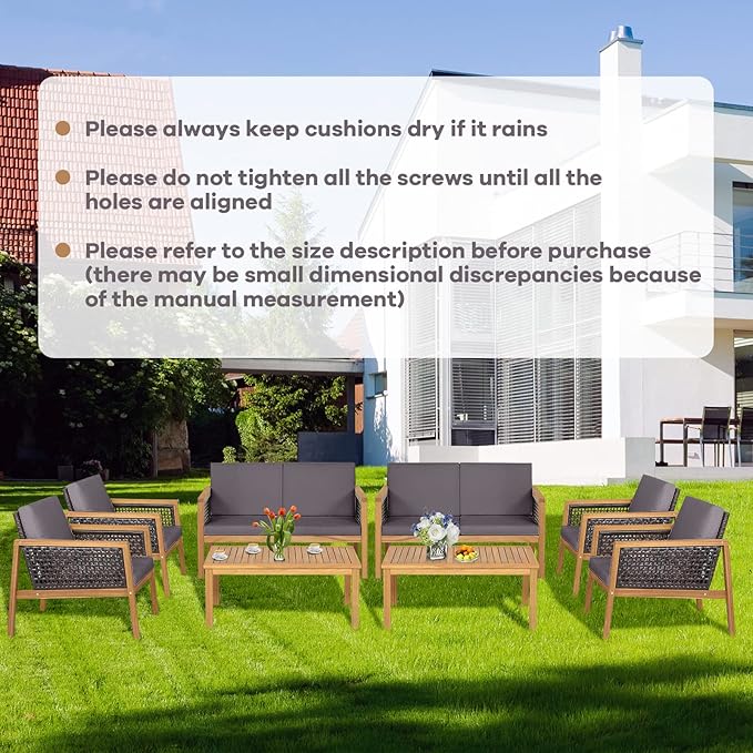8 Pieces Outdoor Acacia Wood Furniture Set, Outdoor PE Wicker Conversation Set with Coffee Table and Soft Cushions, Outdoor Sofa Set for Garden, Poolside and Backyard (2, Grey)