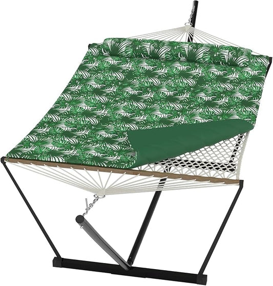 Double Hammocks with Stand for Outside, Heavy Duty Portable Outdoor Hammock with Soft Pillow & Paded, 450 LBS Weight Capacity, Perfect for Outdoor Indoor Patio Backyard Garden