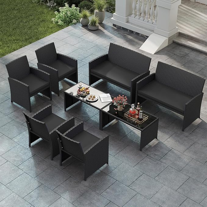 Tangkula 8 Pieces Patio Wicker Furniture Set, Outdoor Heavy Duty Rattan Cushioned Chairs, Loveseat and Tempered Glass Coffee Table, for Backyard, Balcony, Poolside (2, Black)
