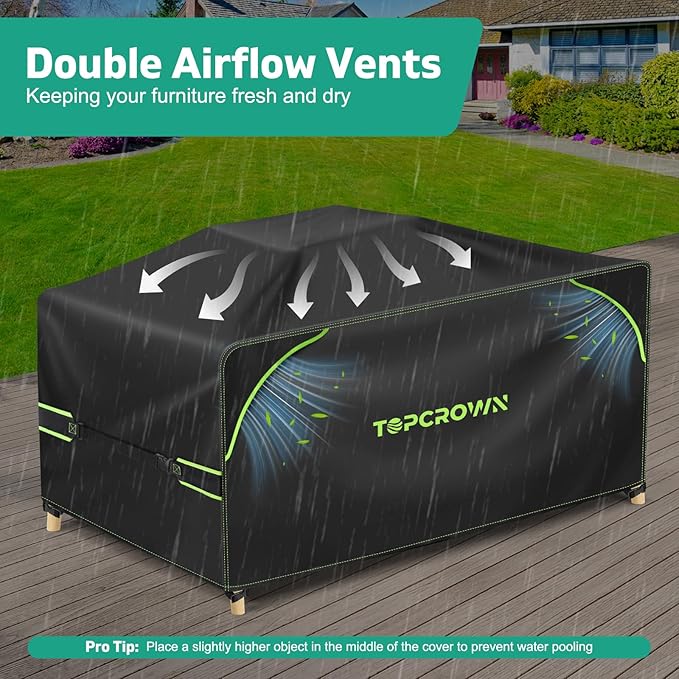 Topcrown Patio Furniture Covers Rectangular, Waterproof Anti-UV Oxford Fabric with Double Airflow Vents for Outdoor Dining Table and Chairs (420D Black+Green, 98"L x 78"W x 28"H)