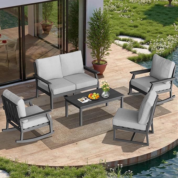 HDPE Patio Conversation Set, 6-Piece All Weather Outdoor Furniture Set with 2 Single Rocking Armchairs for Deck, Lawn, with Cushion, Gray